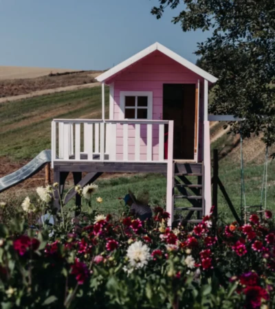 Różowy domek na farmie Różowe Pole