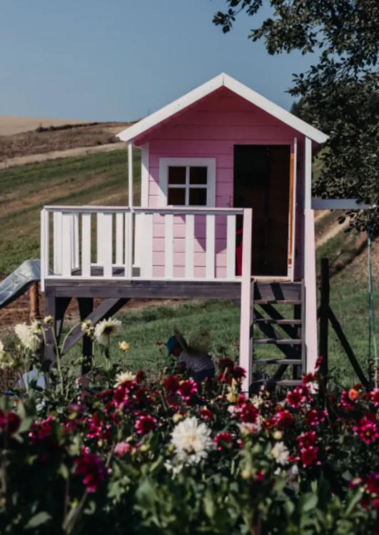 Różowy domek na farmie Różowe Pole